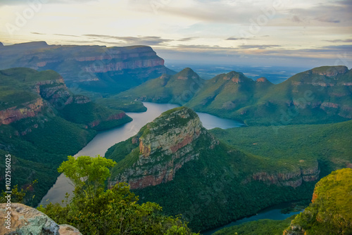 Blyde River Canyon with Three Rondavels peak, view of canyon with Blyde River in Mpumalanga south africa photo