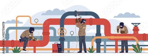Professional welders work. People in protective masks, gloves welding pipeline, metal structures connection, man working on factory cartoon flat isolated nowaday vector concept