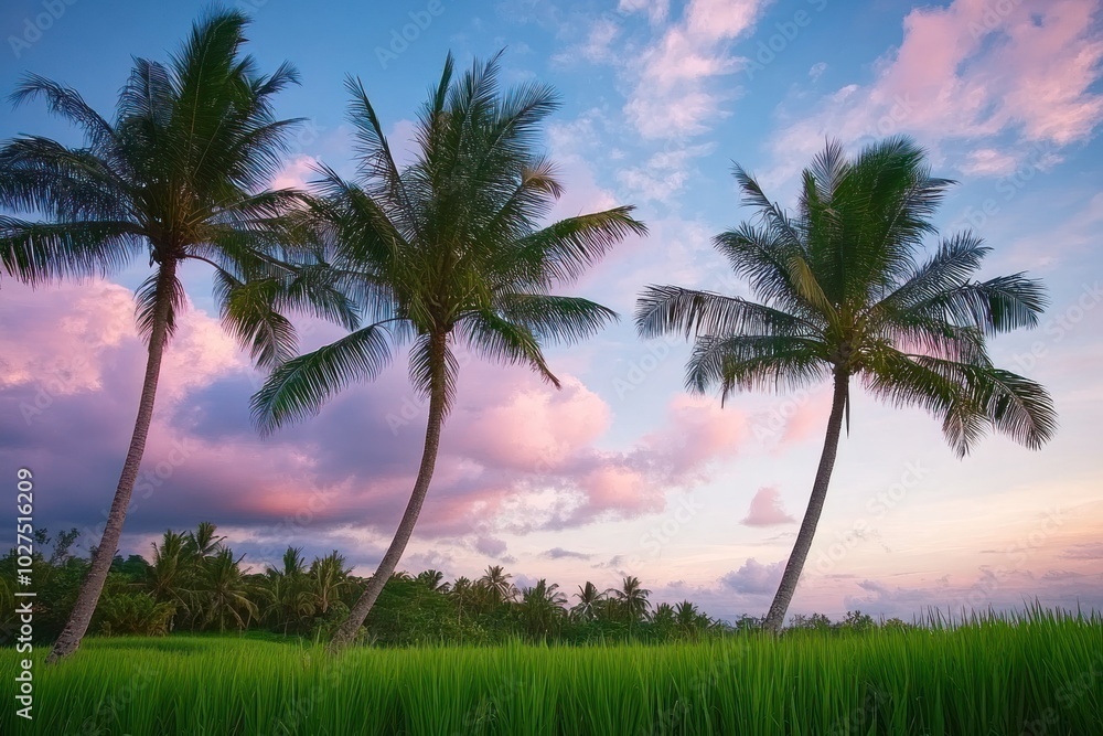 Three Palm Trees Silhouetted Against a Pink and Blue Sunset Sky Over Lush Green Rice Paddies Three Palm Trees Silhouetted Against a Pink and Blue Sunset Sky Over Lush Green Rice Paddies