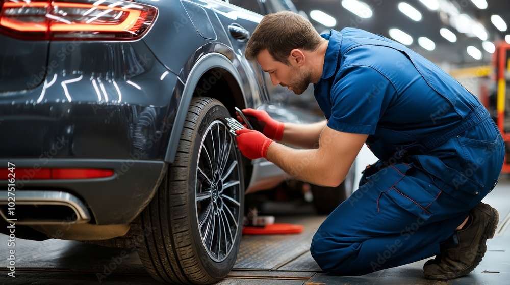 Mechanic Working on Rear Wheel of Vehicle in Garage Mechanic Working on Rear Wheel of Vehicle in Garage