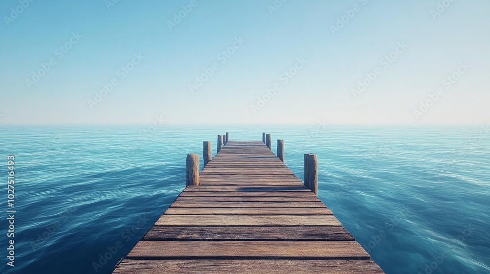 Wooden Dock Extending Out Over a Calm Blue Water Wooden Dock Extending Out Over a Calm Blue Water
