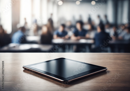 A tablet is sitting on a wooden table with a blurry background of people sitting at a table.