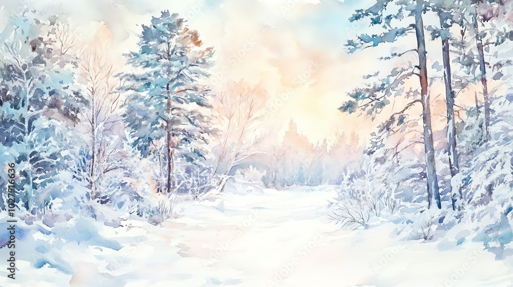 Snowy winter landscape with trees and soft pastel sky. Snowy winter landscape with trees and soft pastel sky.