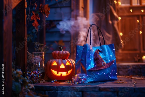 Jack-o'-lantern and witch-themed Halloween trick-or-treat setup photo