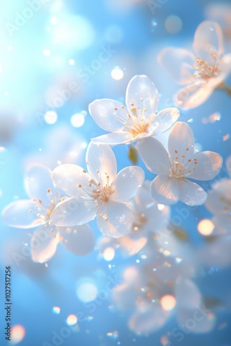 Beautiful white flowers on a blue background with bokeh lights