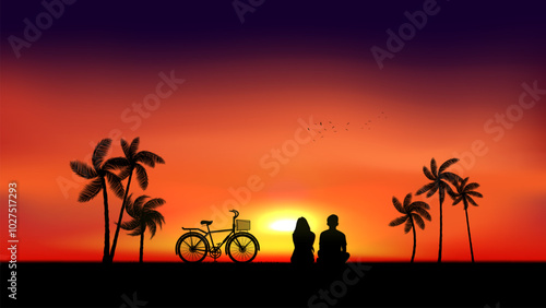 A silhouette of a family watching the sunset, and the sky is a gradient of orange
