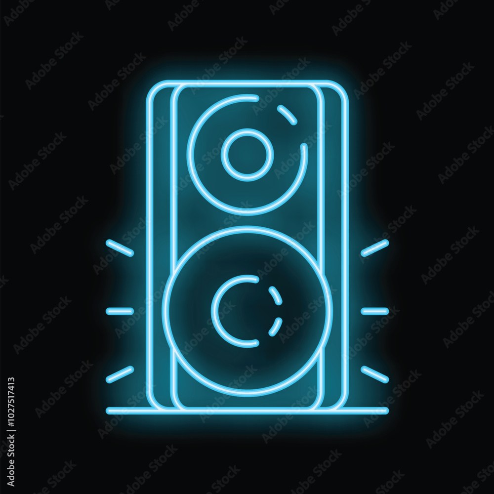Neon sign representing a loudspeaker playing loud music on black background Neon sign representing a loudspeaker playing loud music on black background