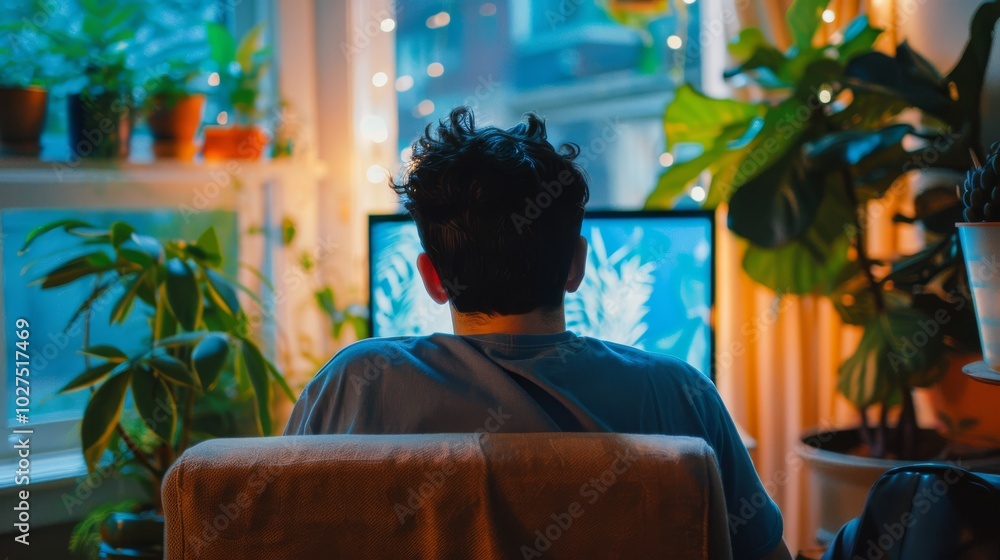 Serene Reading Nook: Person Enjoying Book in Cozy Room Surrounded by Plants and Ambient Light Serene Reading Nook: Person Enjoying Book in Cozy Room Surrounded by Plants and Ambient Light