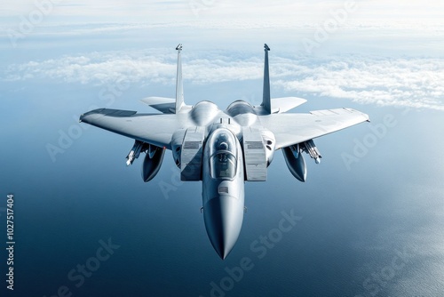 Sleek military jet fighter cruising at top speed over the ocean
