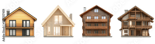 House 3d modern wooden style collection isolated on transparent background, PNG. Clipart template 