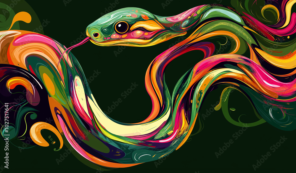 Fototapeta premium An elegant, colorful image of a snake, executed in the style of famous painters. Perfect for decorating holiday cards and packaging. It can also be used in printing, advertising and other areas.