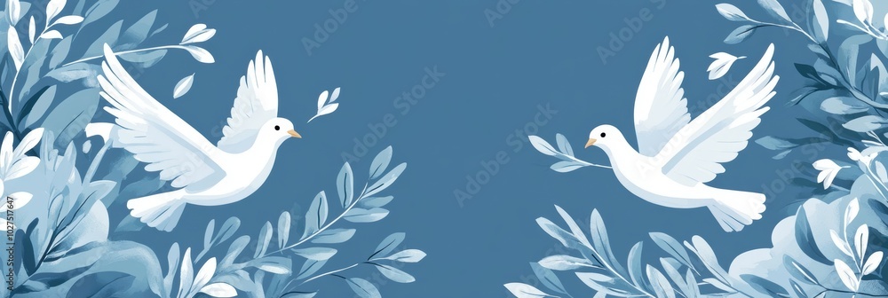 Peace Dove Illustration with Olive Branches on Blue Background Peace Dove Illustration with Olive Branches on Blue Background