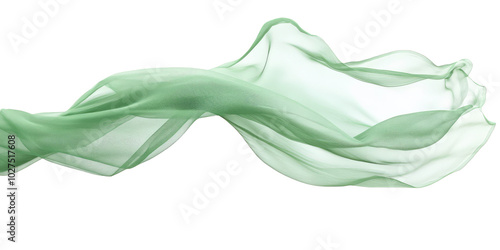 Translucent flying green fabric levitates isolated on transparent background, PNG. Clipart template 