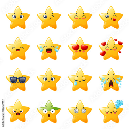 Cute smiley stars. Kawaii funny emoji, kids mascots with different emotions, sad, funny, angry faces, yellow cartoon characters, love, sleeping and surprised, emotional mood, vector isolated set