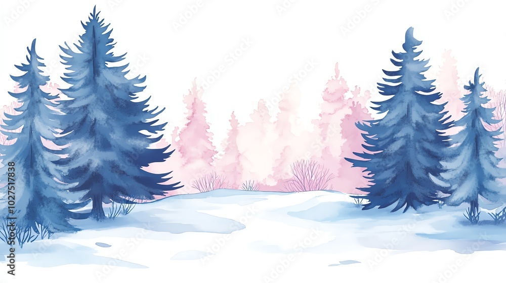 Fototapeta premium Winter landscape with blue and pink trees on a snowy background.