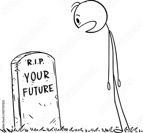 Shocked person looking at grave of his future , vector cartoon stick figure or character illustration.