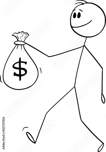 Businessman or person holding big bag of cash or money or dollars , vector cartoon stick figure or character illustration.