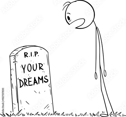 Shocked person looking at grave of his dreams , vector cartoon stick figure or character illustration.