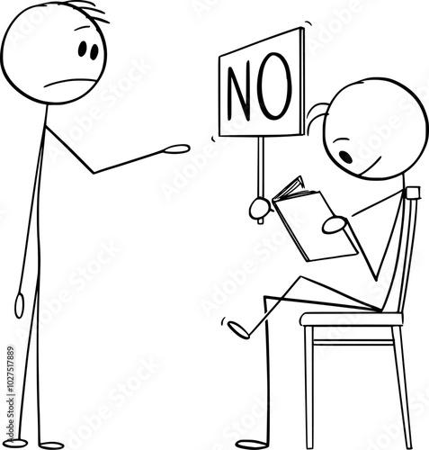 Person reading book and don't wants to be disturbed , vector cartoon stick figure or character illustration.