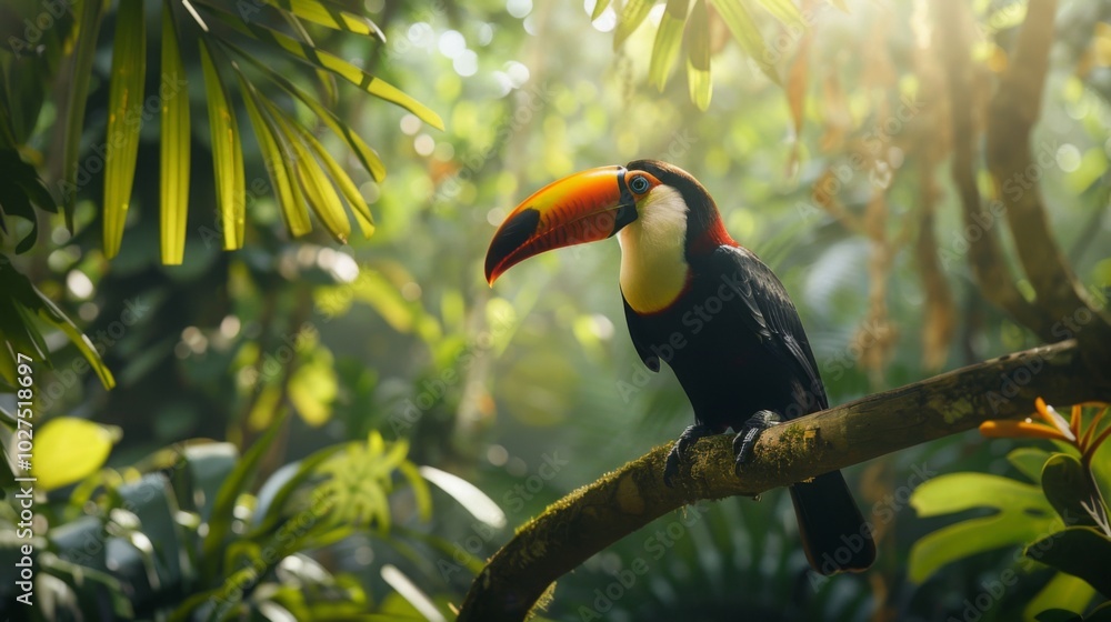 Naklejka premium Toucan sitting on the branch in the forest, green vegetation, full of copy space, colorful wallpaper