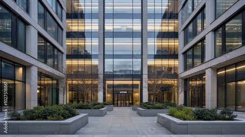 Modern Office Building Courtyard with Greenery and Glass Facade