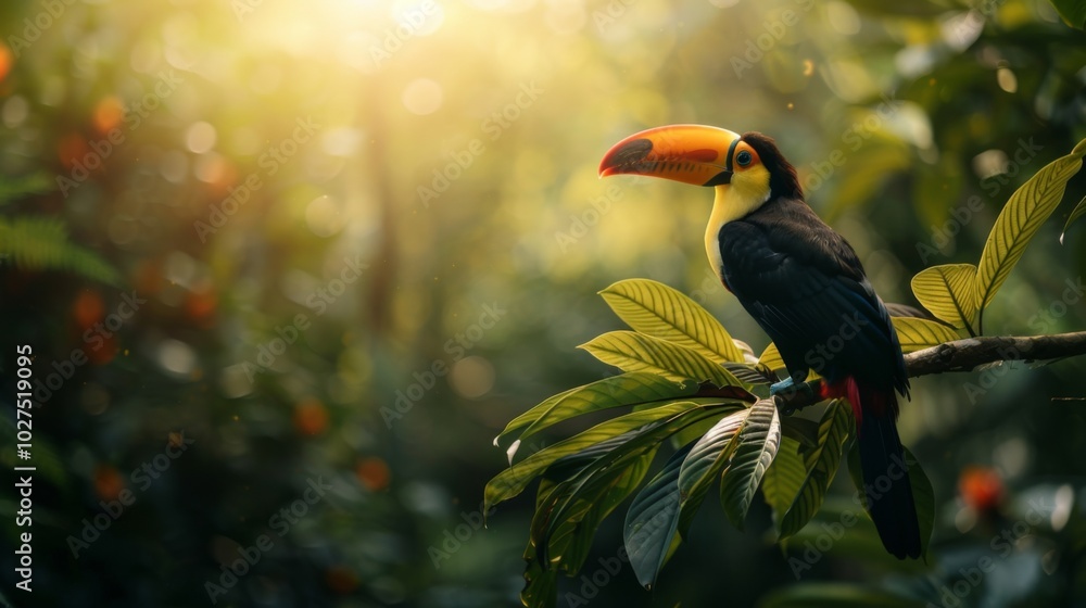 Fototapeta premium Toucan sitting on the branch in the forest, green vegetation, full of copy space, colorful wallpaper