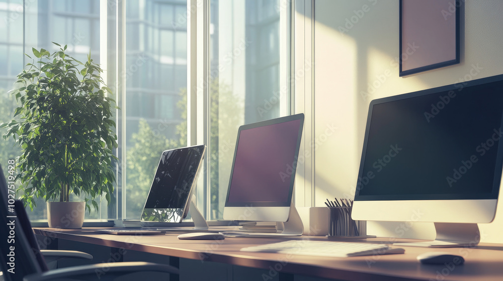 A modern corporate office with large windows showcasing an expansive view. The room is empty, with sleek desks and ergonomic chairs neatly arranged A modern corporate office with large windows showcasing an expansive view. The room is empty, with sleek desks and ergonomic chairs neatly arranged