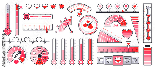 Cartoon love level meters. Red hearts gauges and scales, romantic feelings thermometers and indicators, valentines day decor elements, user interface. Minimalistic tidy vector flat isolated set