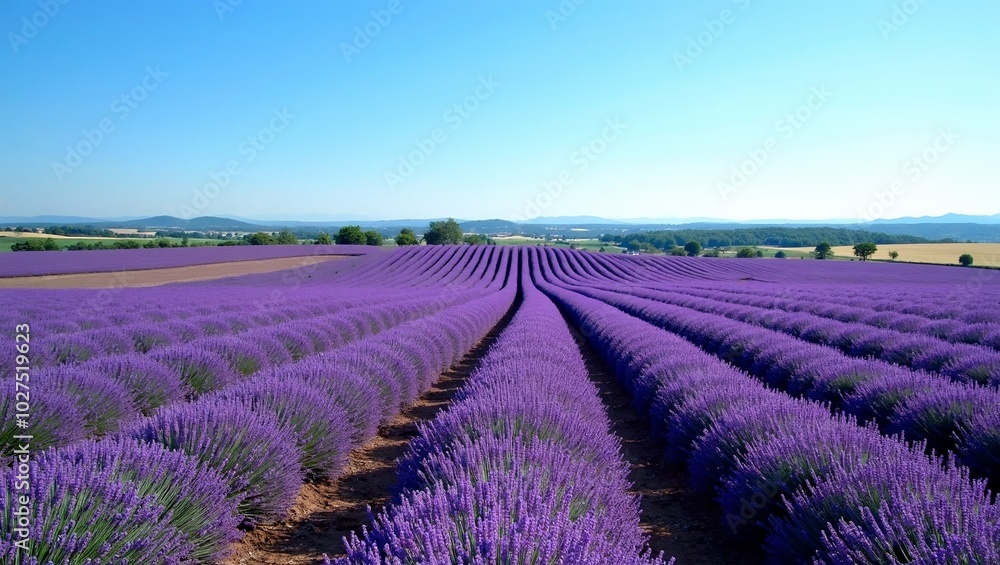 Tranquil Provence lavender fields under blue sky Tranquil Provence lavender fields under blue sky