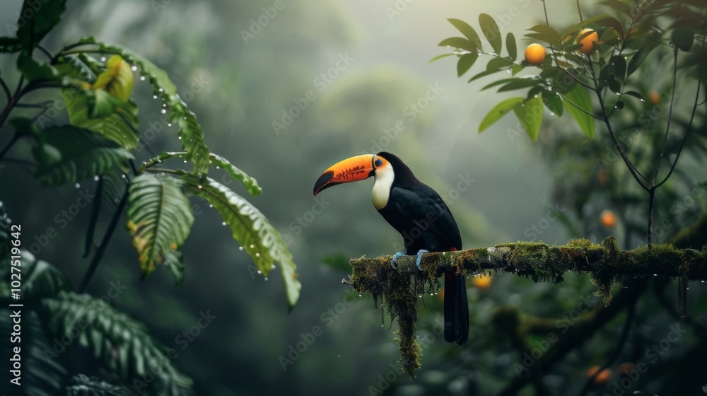 Toucan sitting on the branch in the forest, green vegetation, full of copy space, colorful wallpaper Toucan sitting on the branch in the forest, green vegetation, full of copy space, colorful wallpaper