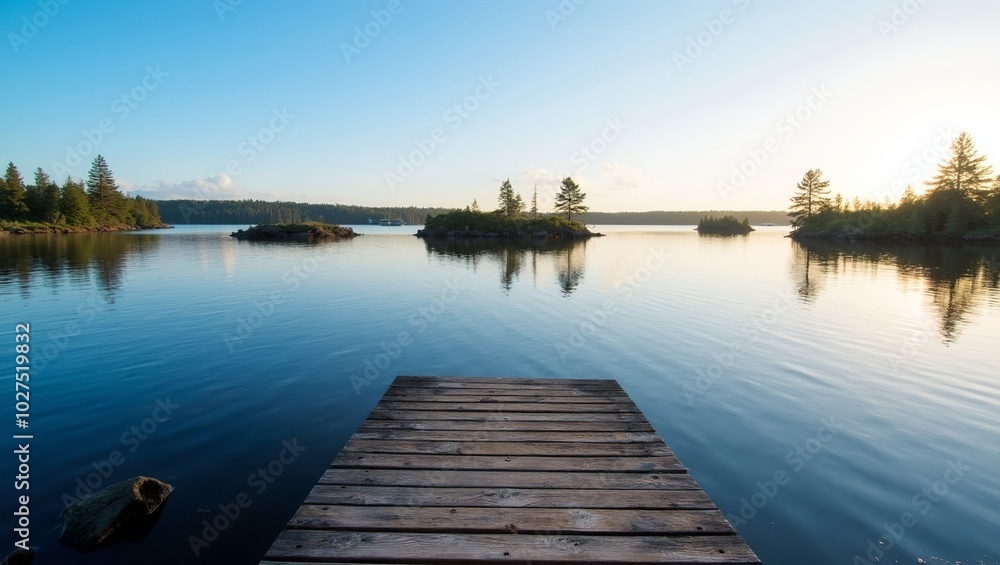 Tranquil Finnish archipelago scene with small forested islands calm blue waters and a wooden dock Tranquil Finnish archipelago scene with small forested islands calm blue waters and a wooden dock