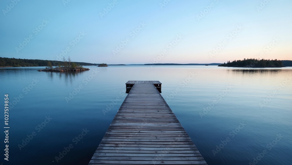 Fototapeta premium Tranquil Finnish archipelago scene with small forested islands calm blue waters and a wooden dock