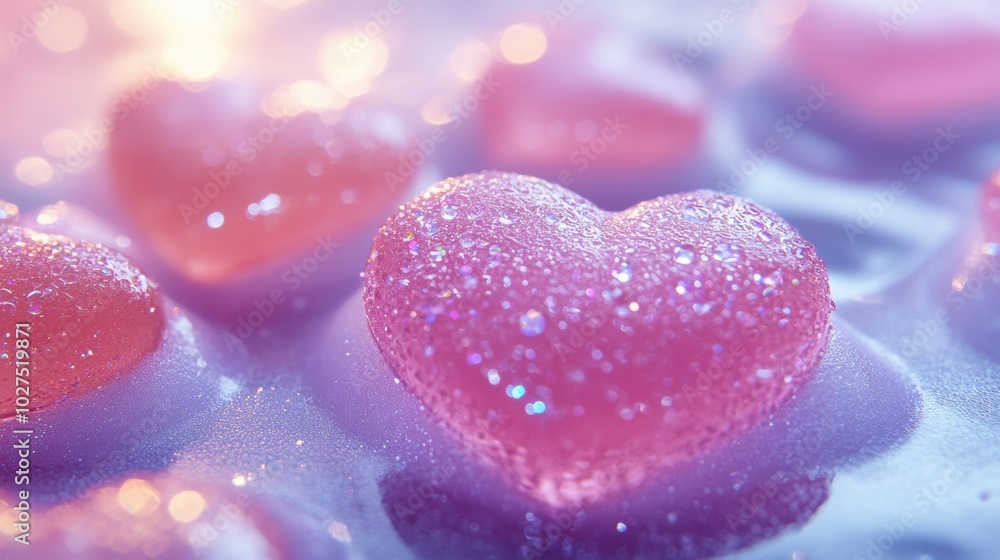 Fototapeta premium Multiple small hearts with a soft texture, interspersed on a reflective foam surface, the hearts have a matte finish with slight sparkling details