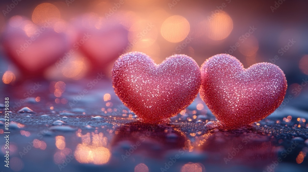 Fototapeta premium Multiple small hearts with a soft texture, interspersed on a reflective foam surface, the hearts have a matte finish with slight sparkling details