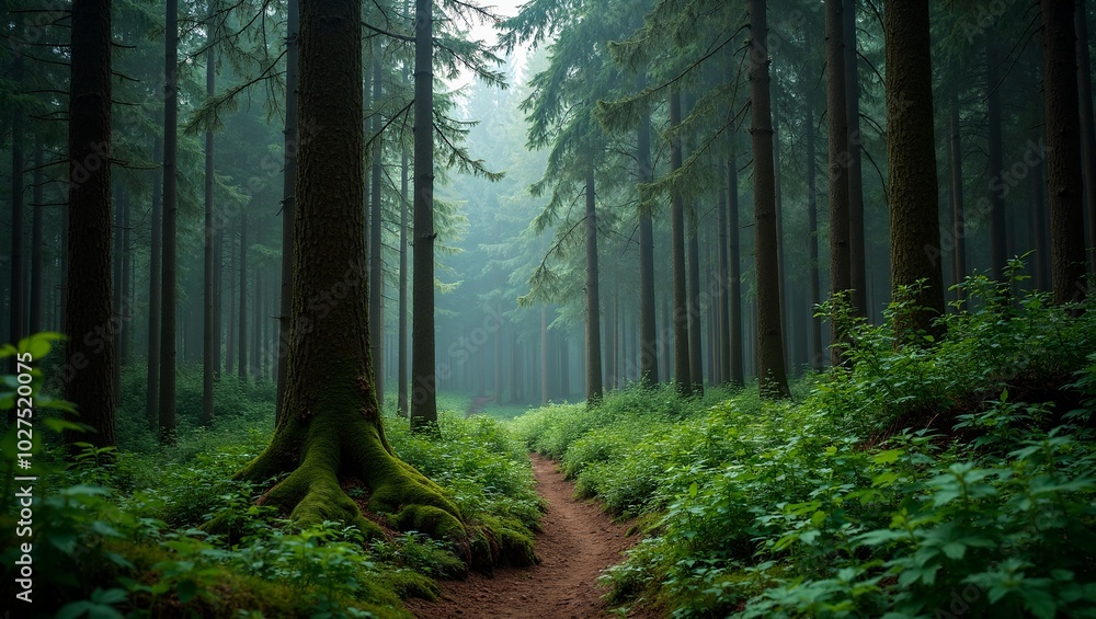 Obraz premium Serene view of German Black Forest with tall trees and winding trail