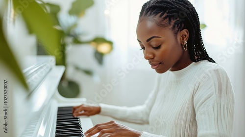 Musician composing on piano, middle-aged African American woman with braids, modern studio,  copy space