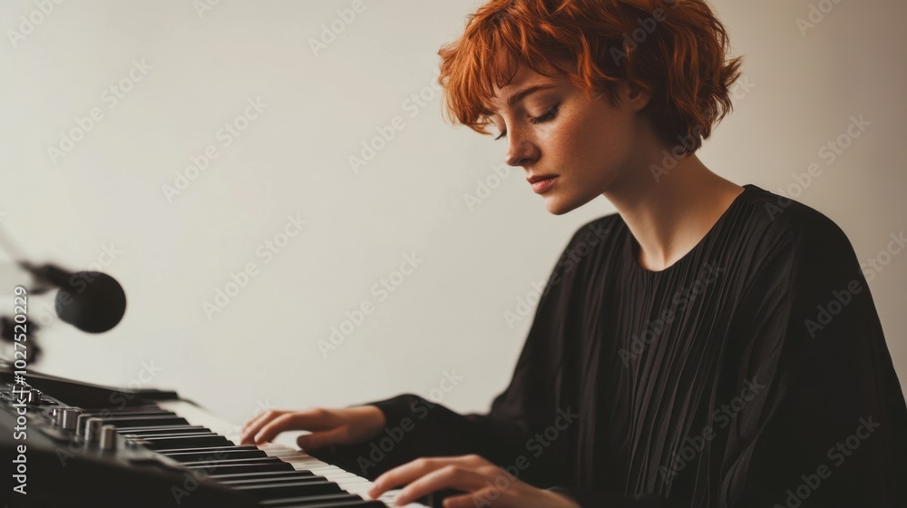 Naklejka premium Musician playing keyboard, young white woman with short red hair, modern studio, clean layout, minimal elements, copy space