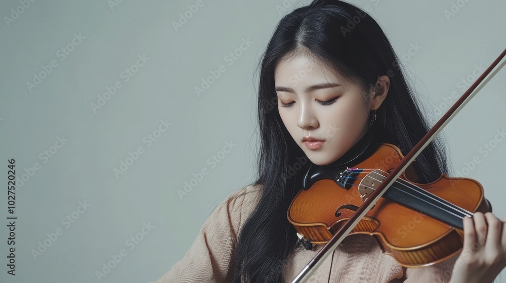 Musician playing violin, young Asian woman with long black hair, modern studio, clean layout, minimal elements, copy space Musician playing violin, young Asian woman with long black hair, modern studio, clean layout, minimal elements, copy space