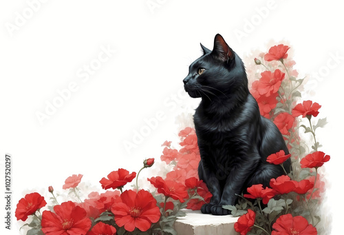 black cat with red flower