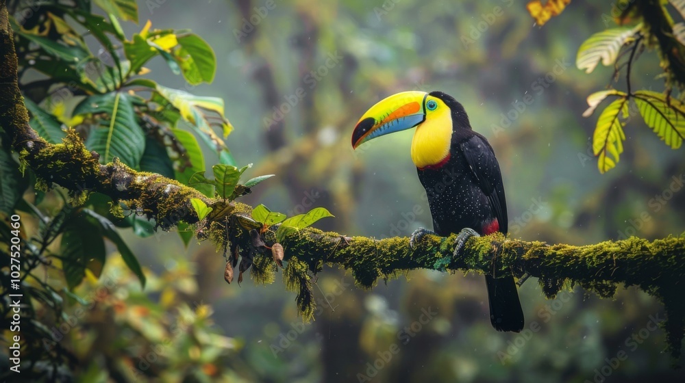 Fototapeta premium Toucan sitting on the branch in the forest, green vegetation, full of copy space, colorful wallpaper