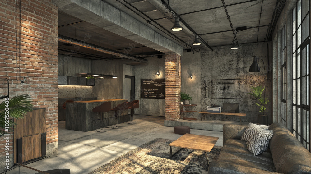 A contemporary office space with loft-style design, featuring exposed brick walls, large windows flooding the room with natural light, and modern furniture such as sleek desks and chairs. A contemporary office space with loft-style design, featuring exposed brick walls, large windows flooding the room with natural light, and modern furniture such as sleek desks and chairs.