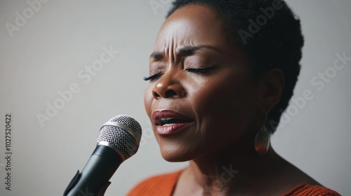 Musician singing into microphone, middle-aged African American woman with short black hair, modern studio, clean background, minimal elements