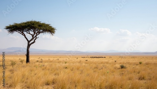 Serengeti scene with lone acacia tree zebras grazing in distance