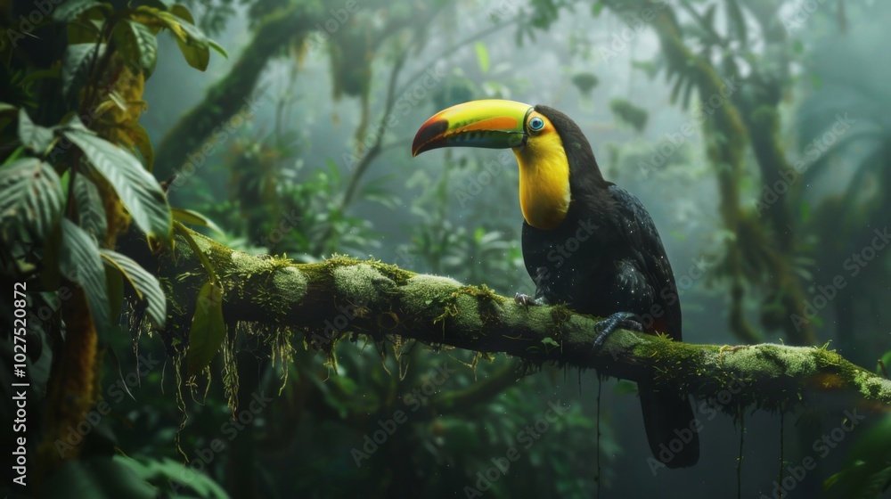Obraz premium Toucan sitting on the branch in the forest, green vegetation, full of copy space, colorful wallpaper