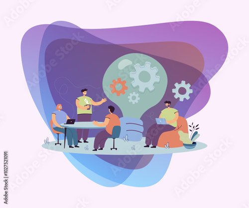 Creative office workers discussing ideas in team isolated flat vector illustration. Cartoon people sitting at desk, meeting, brainstorming and coworking. Business, cooperation and teamwork concept