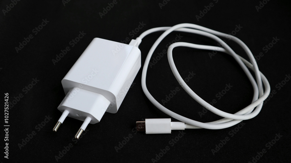 white smartphone charger on black background. Charger and USB cable type C on dark background white smartphone charger on black background. Charger and USB cable type C on dark background