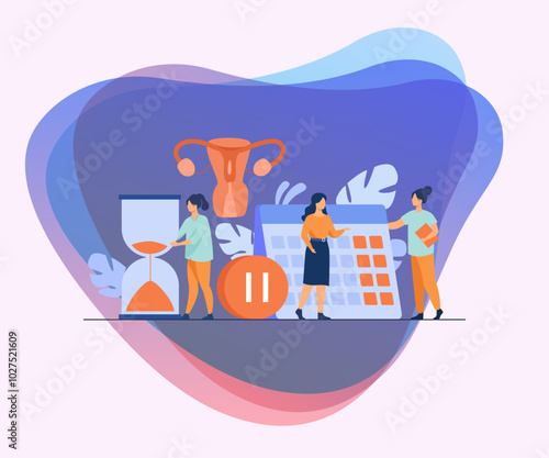 Female patient consulting doctor about reproductive health. Hourglass, calendar, pause button. Vector illustration for gynecology, menopause, estrogen replacement therapy concepts