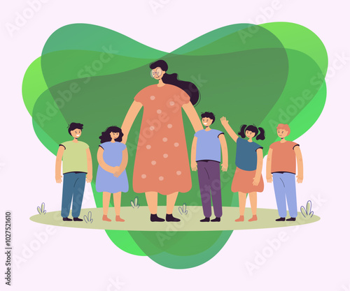 Female teacher and kids walking outdoors. Woman watching group of school children on grass. Vector illustration for pedagogy, education, daycare concept