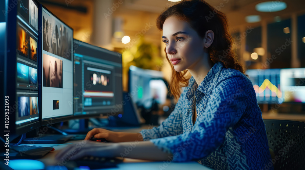Focused woman editing video on multiple screens in a modern office Focused woman editing video on multiple screens in a modern office