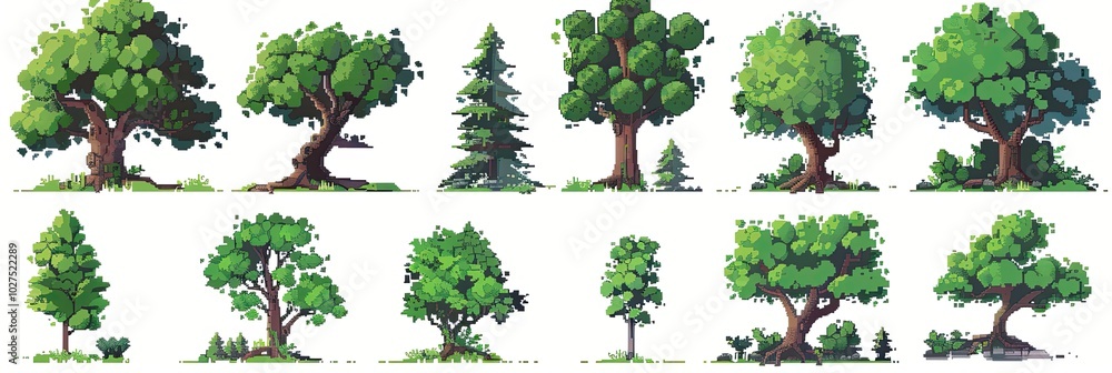 Fototapeta premium Set of pixel art trees on white background , varying in shapes and sizes, perfect for digital landscapes or video game environments, collection of green foliage and textured trunks